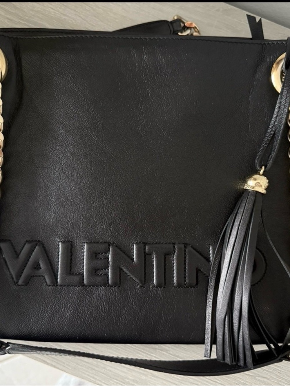 Valentino Black Leather Tassel Shoulder Bag